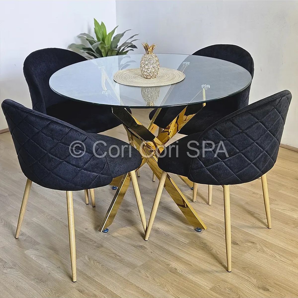 CORI CORI - Comedor Mesa Dubai Gold 100cm + 4 Sillas Bread Wood Negro