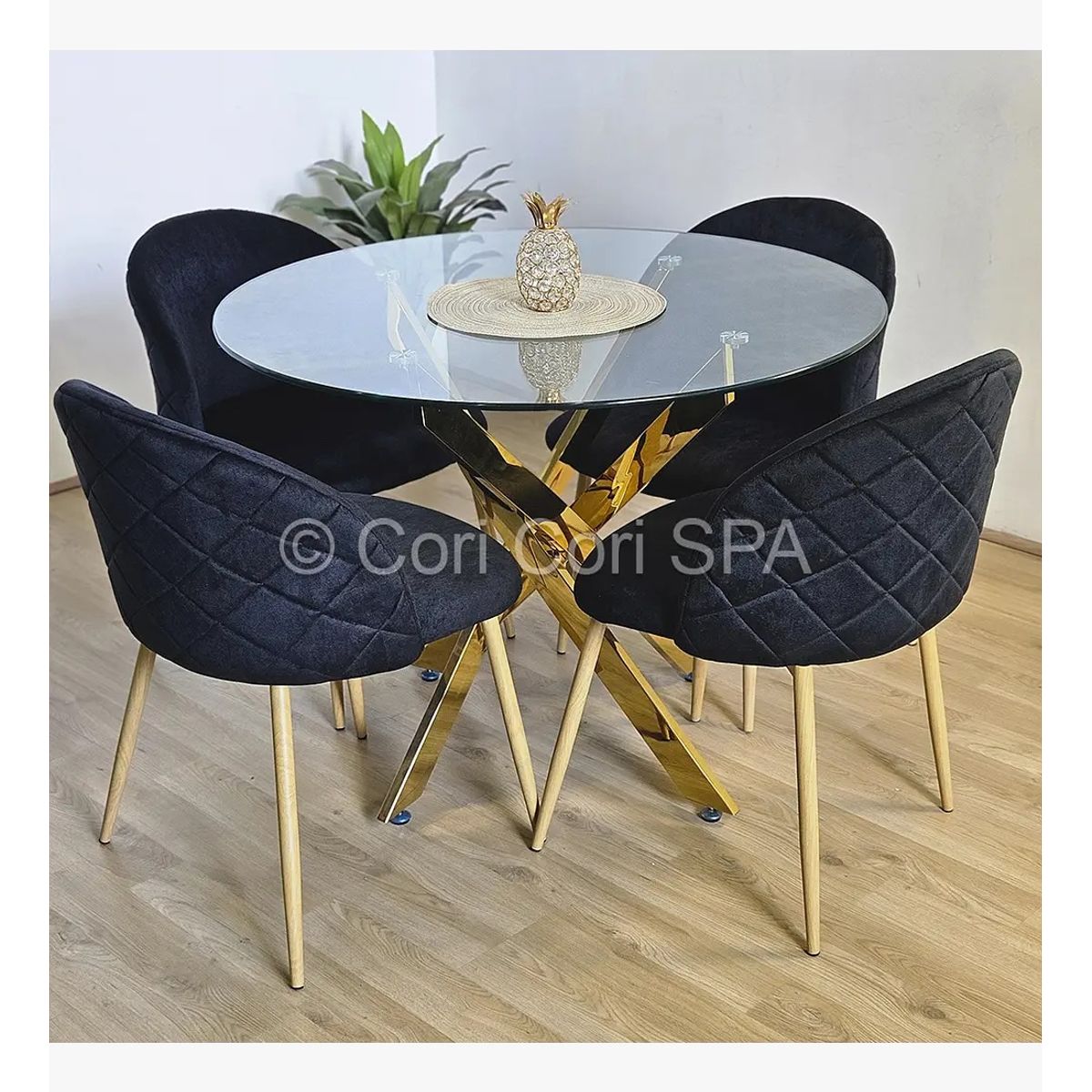 CORI CORI - Comedor Mesa Dubai Gold 100cm + 4 Sillas Bread Wood Negro