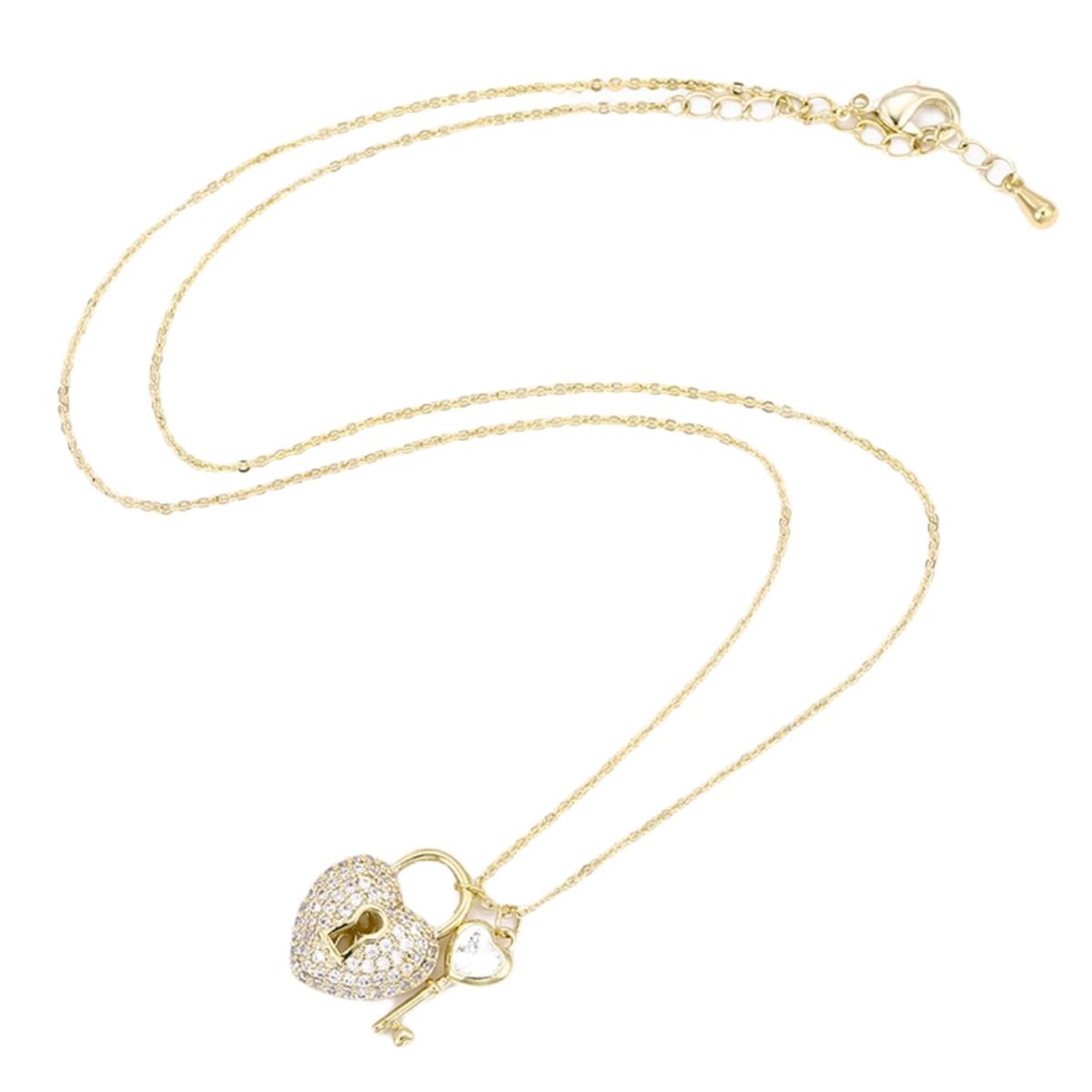 VANE COLLECTION - Collar para mujer cadena fina dorada baño de oro y corazón candado y llave de circones