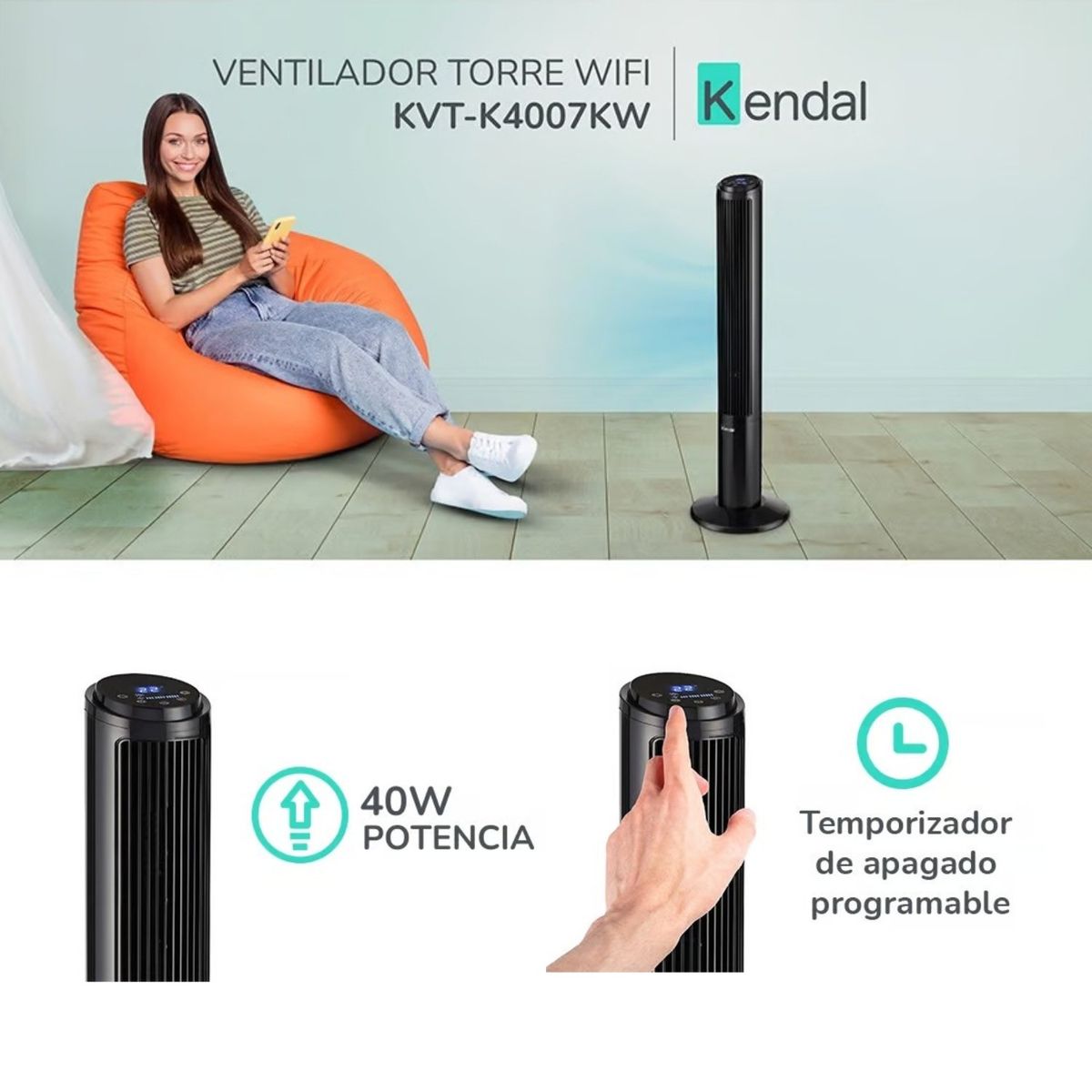 KENDAL - Ventilador Torre Pedestal Silencioso Kendal Kvt-k4007 Wifi