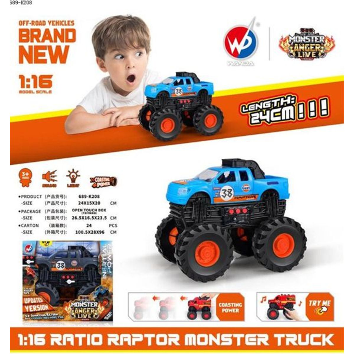 OEM - Juguete Auto Fricción Monster Anger CELESTE