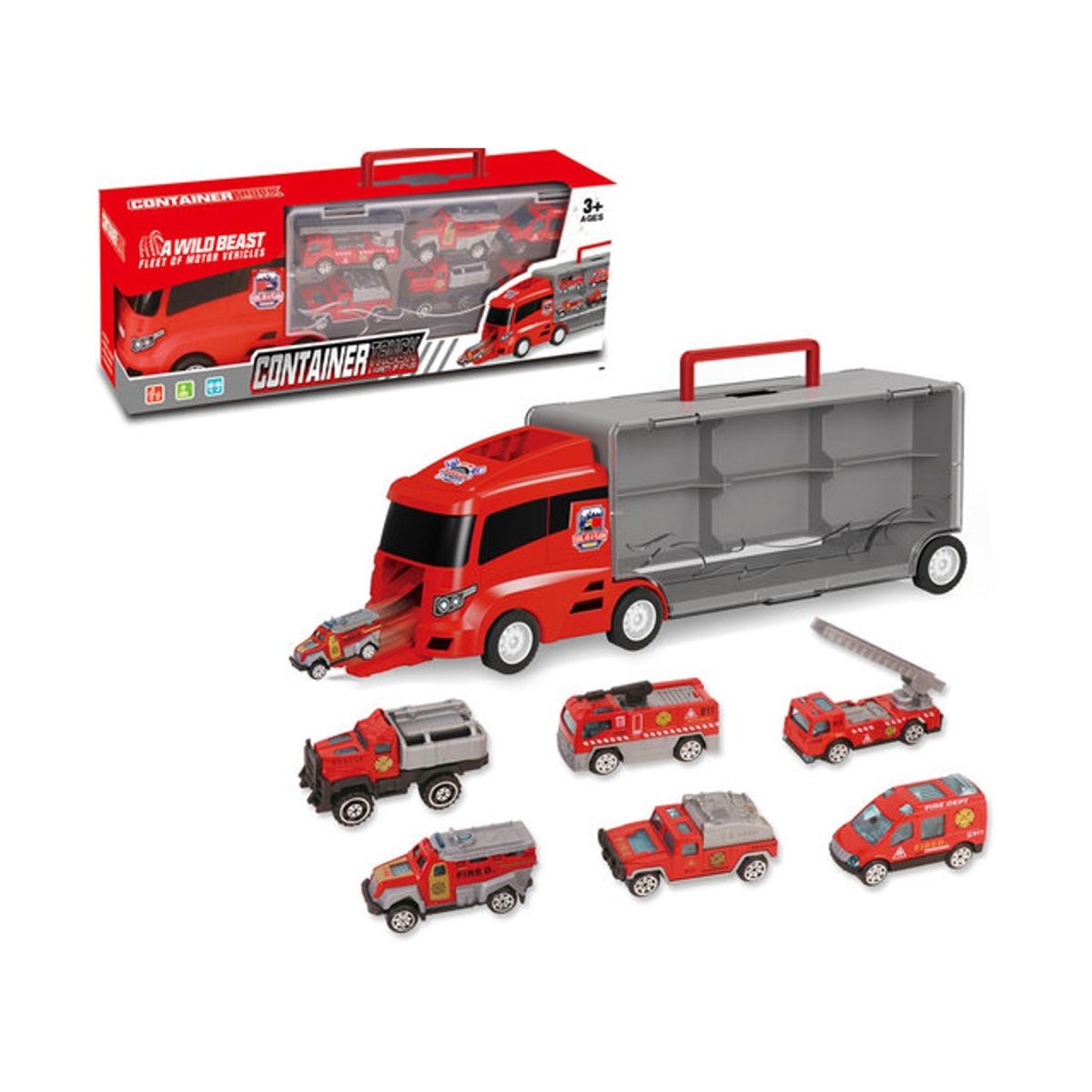 GENERICO - CAMION BOMBERO DE JUGUETE TRANSPORTADOR AUTOS 6 PIEZAS