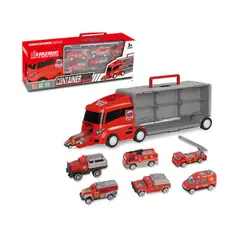 GENERICO - CAMION BOMBERO DE JUGUETE TRANSPORTADOR AUTOS 6 PIEZAS