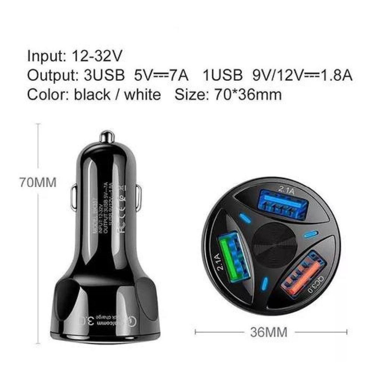 GENERICO - Cargador auto 3 puertos USB 7A  12V QC 30 carga rápida negro