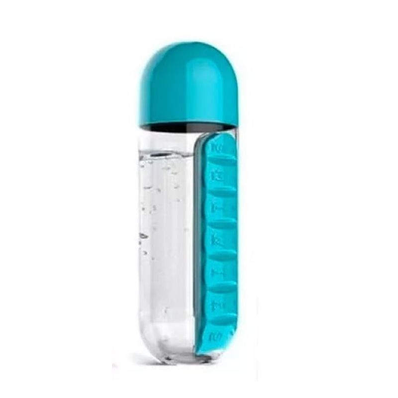ANGELES DEL HOGAR - Botella De Agua 600ml + Pastillero Organizador De Pastillas Azul