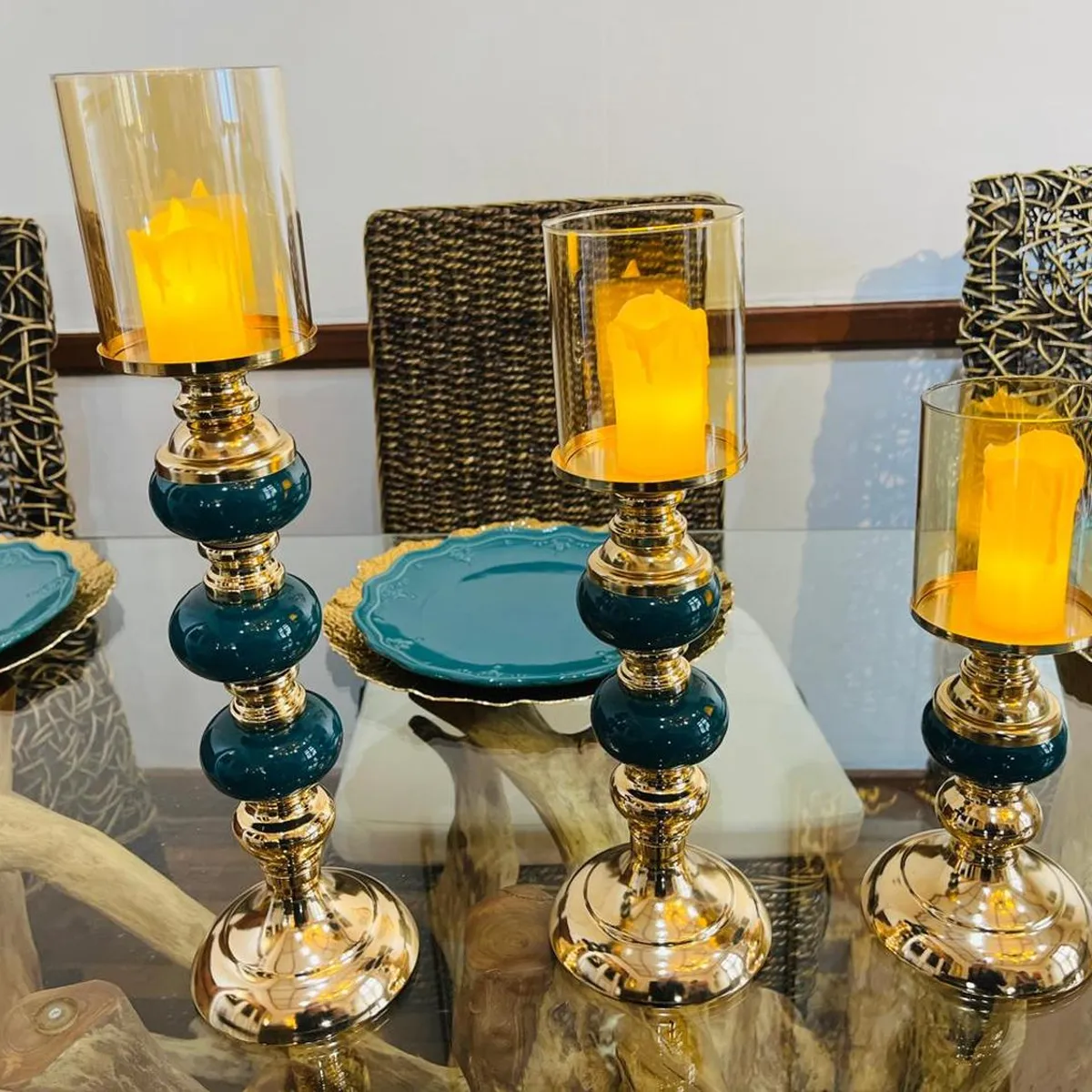 GENERICO - Set de 3 Candelabro Dorado con verde petroleo