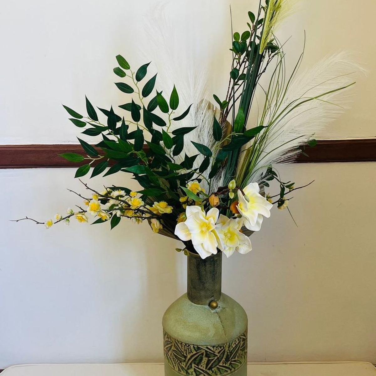 GENERICO - Jarron Metálico Turquesa Con Flores