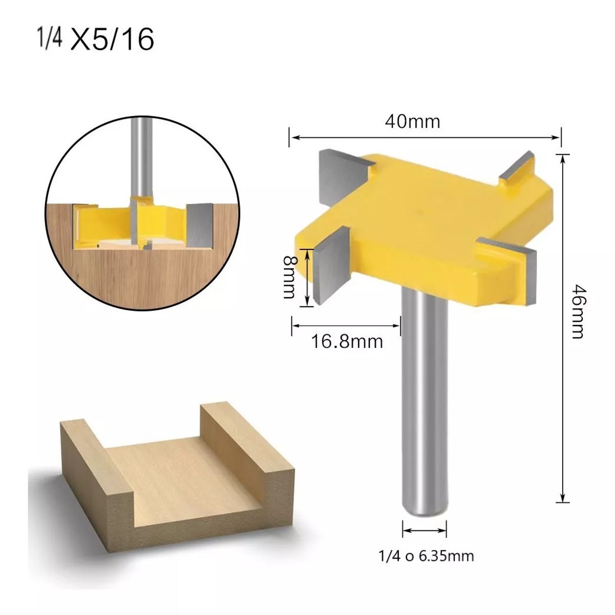 GENERICO - Fresa Madera Vaciado Invertida Copiadora T Toma ¼ x 8 x 40mm
