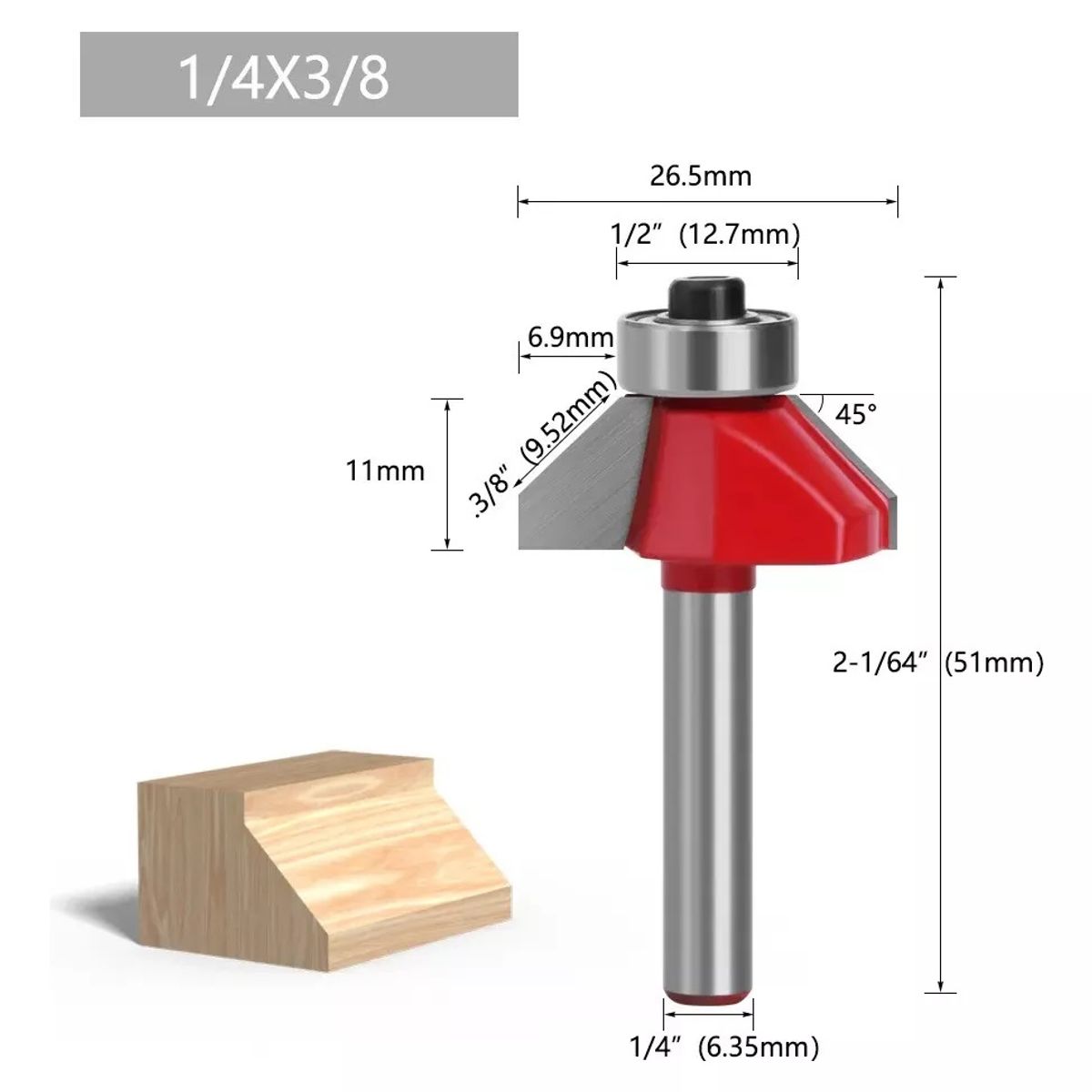 GENERICO - Fresa Madera Copiadora Angulo 45° Toma ¼ x 38 Con Chaflán