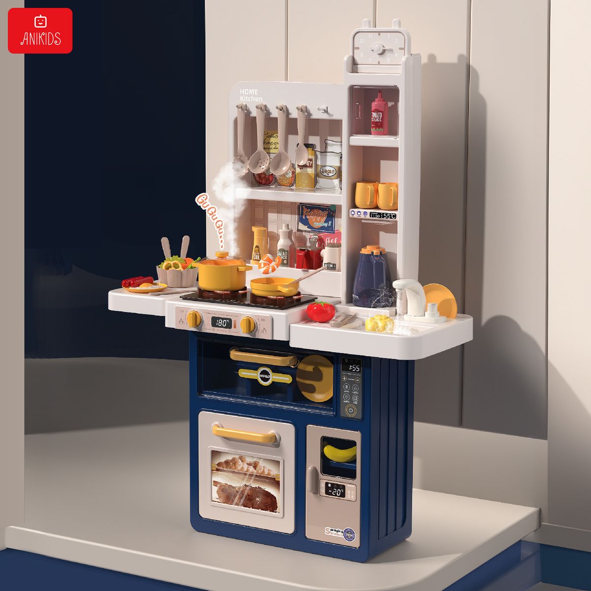 ANIKIDS - Cocina De Juguete Grande 88cm Niños Spray Kitchen 47pcs Azul