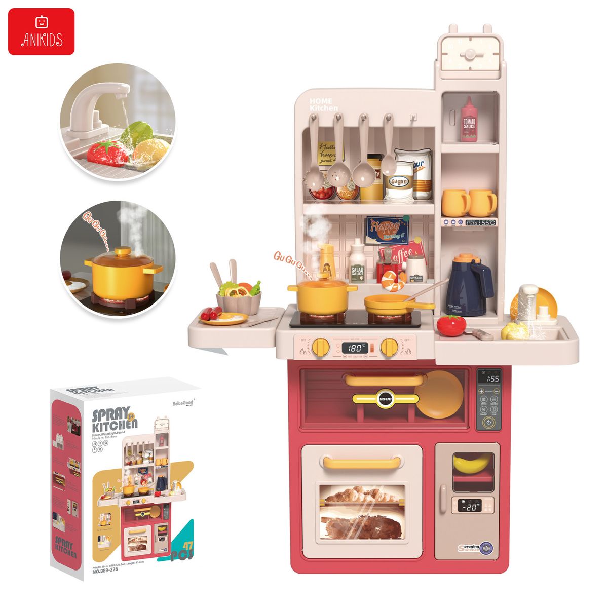 ANIKIDS - Cocina De Juguete Grande 88cm Niños Spray Kitchen 47pcs Rosa