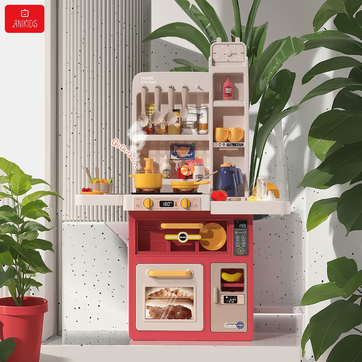 ANIKIDS - Cocina De Juguete Grande 88cm Niños Spray Kitchen 47pcs Rosa