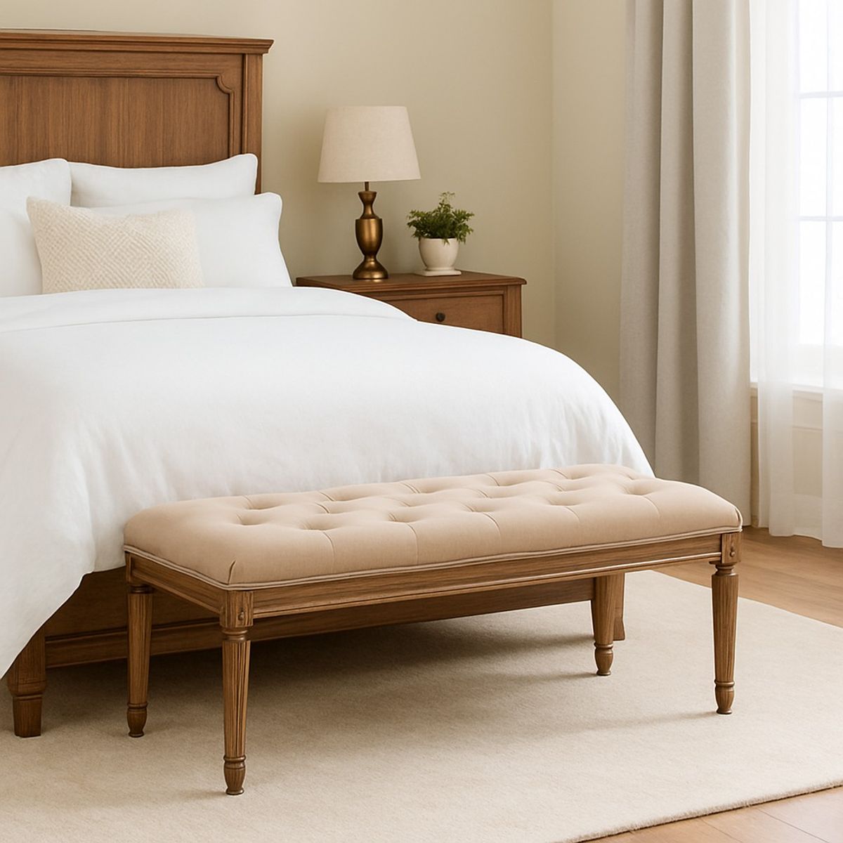 MEYA MUEBLES - Banca Assam de tela y madera de Roble