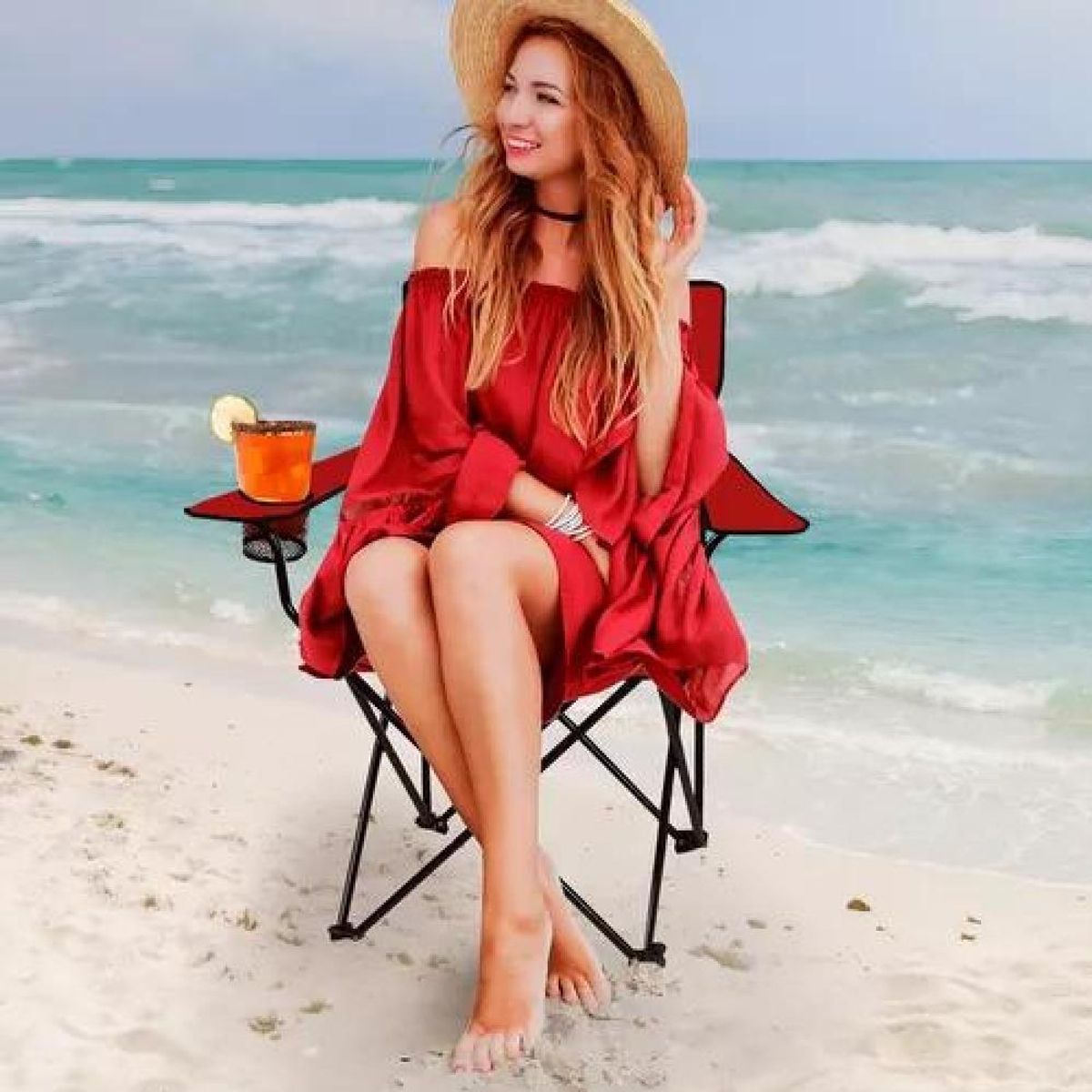 GENERICO - Silla plegable playa exterior campo camping portátil roja