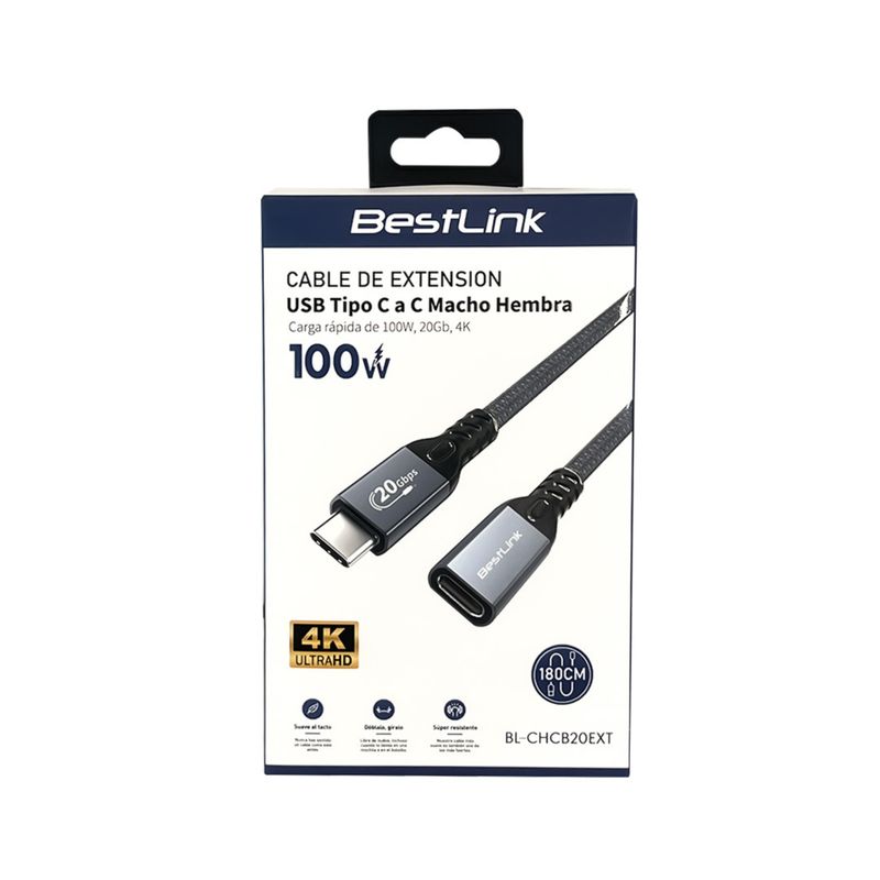 BESTLINK - Cable Extension USB Tipo C a C Macho Hembra 100W 20Gb 4K 18mt