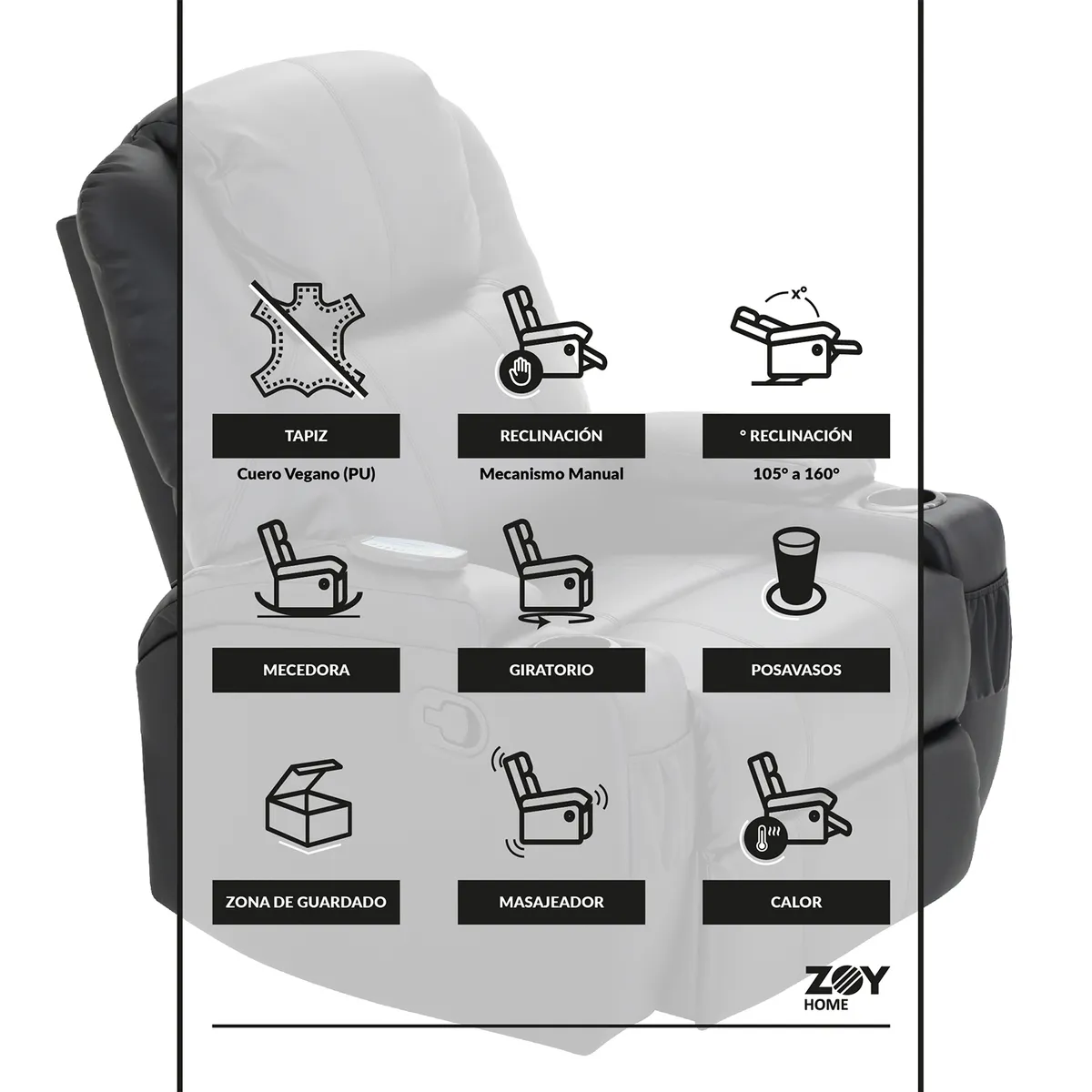 WDS HOME - Bergere Lhasa Multifunción Masaje y Calor PU Negro