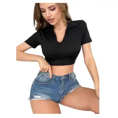 GARSIL - Crop Top Para Mujer Cuello Polo - Pique De Manga Corta