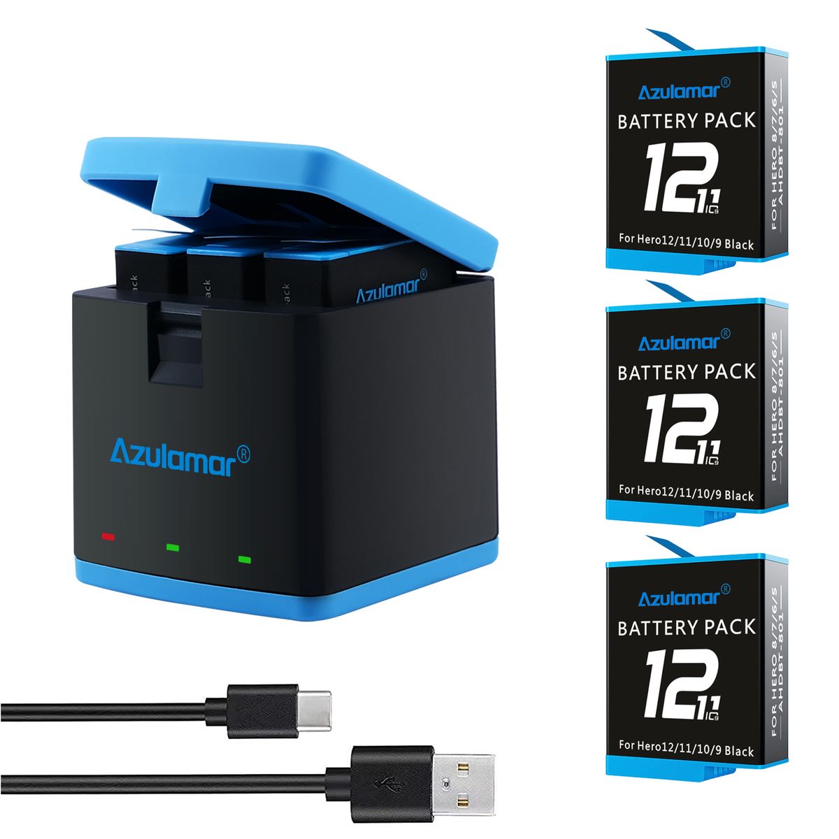 AZULAMAR - 3x Baterías Y Cargador Kit Para Gopro Hero 12 11 10 9
