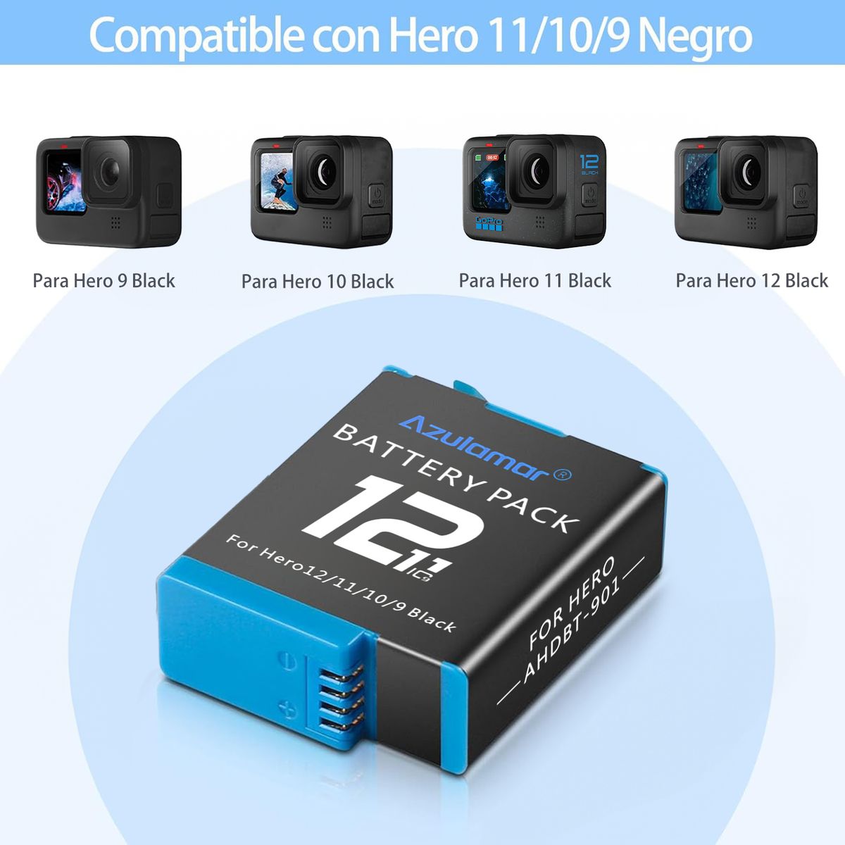 AZULAMAR - 3x Baterías Y Cargador Kit Para Gopro Hero 12 11 10 9