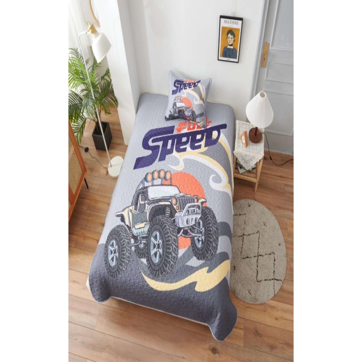 GENERICO - CUBRECAMA DE VERANO PLAZA Y MEDIA CON DISEÑO DE AUTOS.