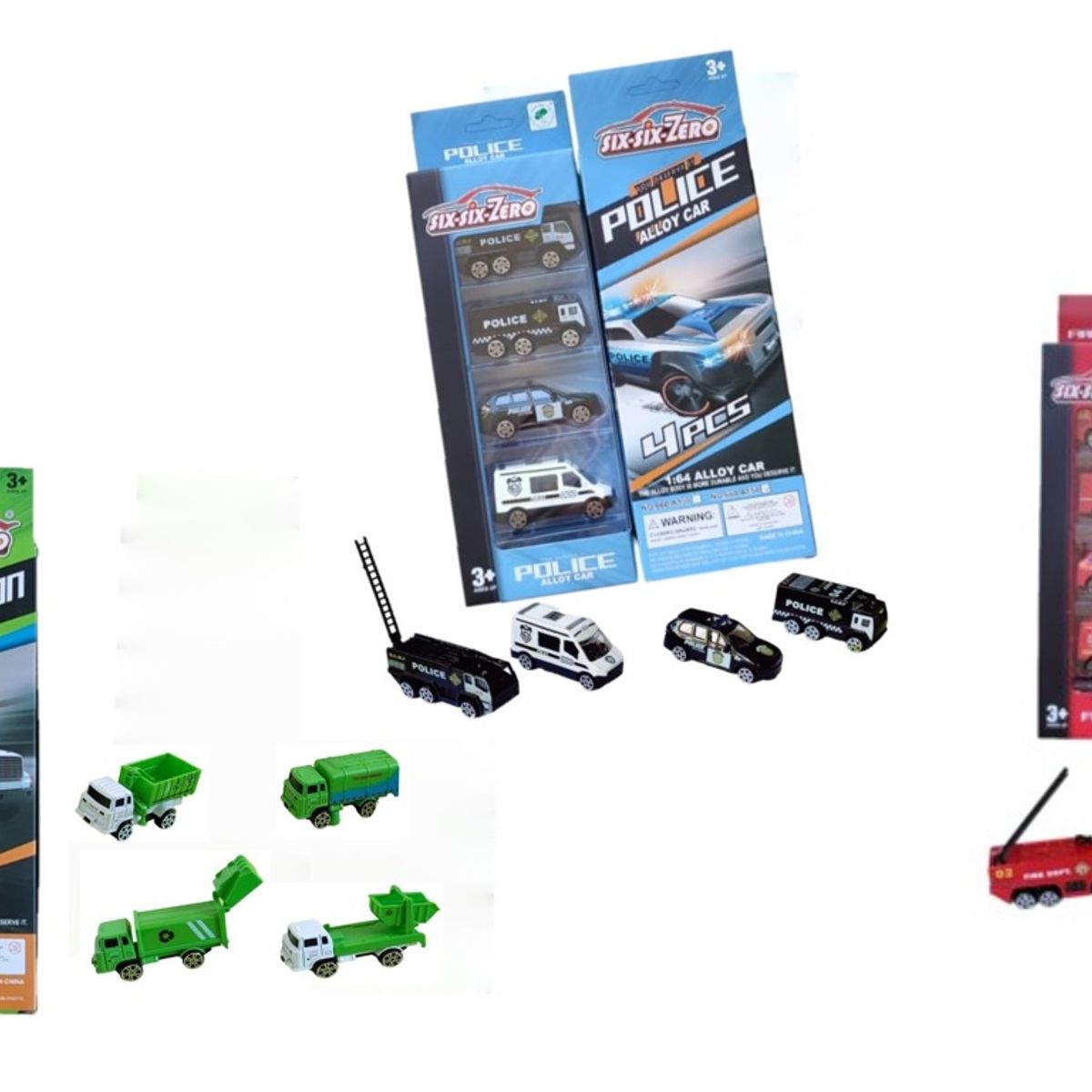 GENERICO - TRIPACK SET DE AUTOS METALICOS POLICIA BOMBERO Y BASURA