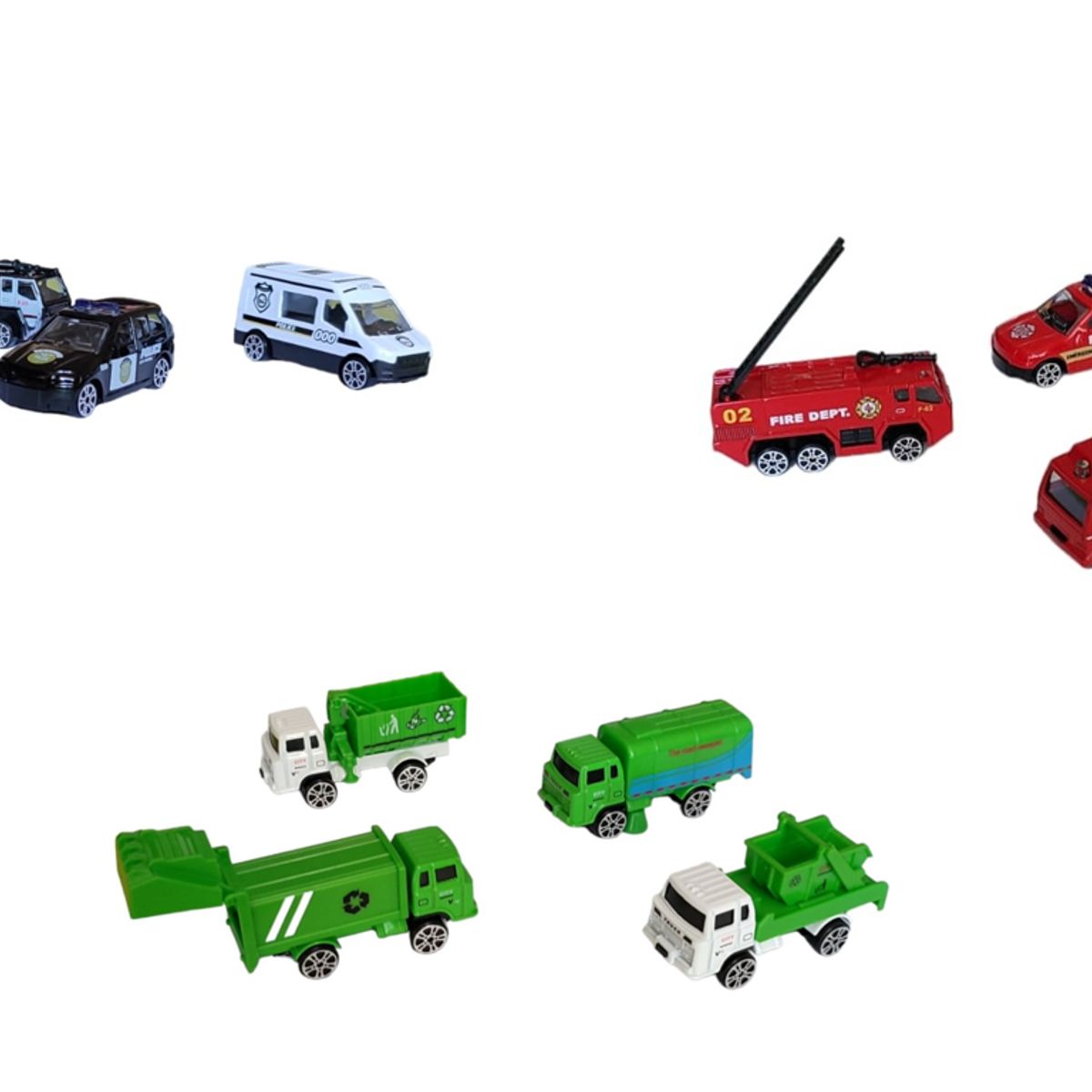 GENERICO - TRIPACK SET DE AUTOS METALICOS POLICIA BOMBERO Y BASURA