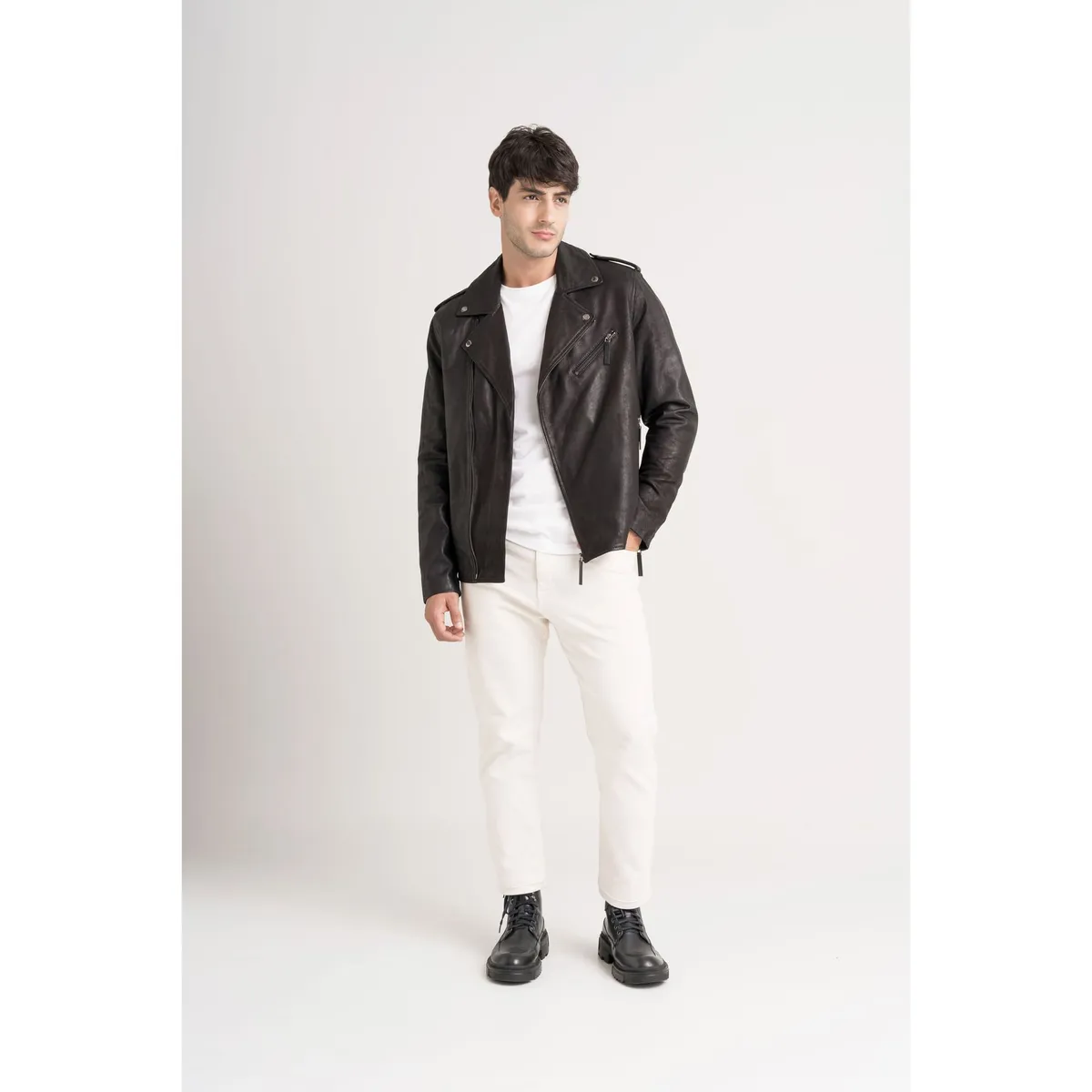 VELEZ - Vélez Chaqueta Biker Capri Cuero Hombre Semi Ajustada Negro