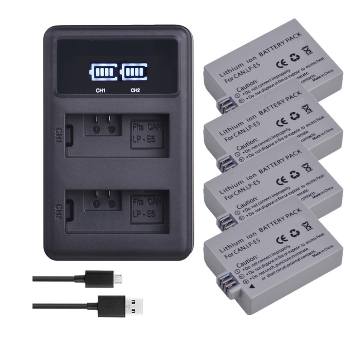 GENERICO - 4 BATERÍAS LP-E5 + CARGADOR DOBLE LC-E5 ALTERNATIVO CANON