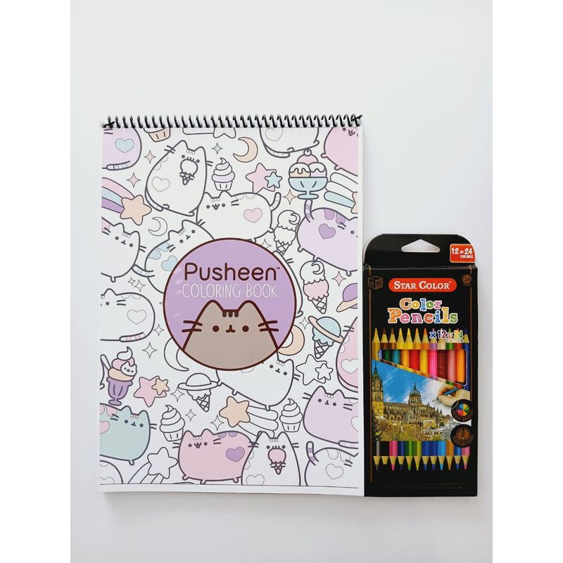 GENERICO - Croquera/Libro para colorear pusheen + 24 lápices de colores