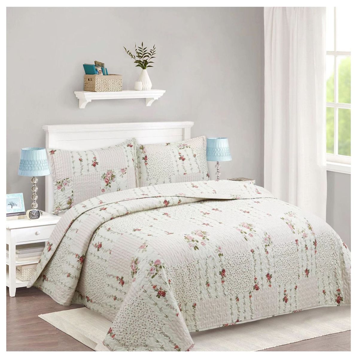 COMPRAPO - Cubrecama Quilt Liviano 1.5 Plazas Flor Delicatesse + 1 Funda 50x70 Cm