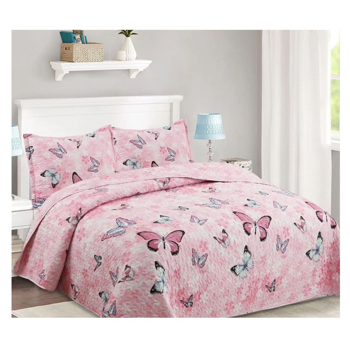 COMPRAPO - Cubrecama Quilt Liviano 1.5 Plazas Mariposas Pink + 1 Funda 50x70 Cm