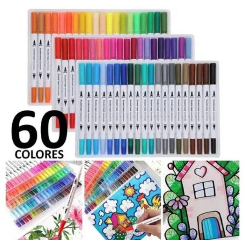 GENERICO - 60 Marcadores De Doble Punta Tipo Pincel Colores