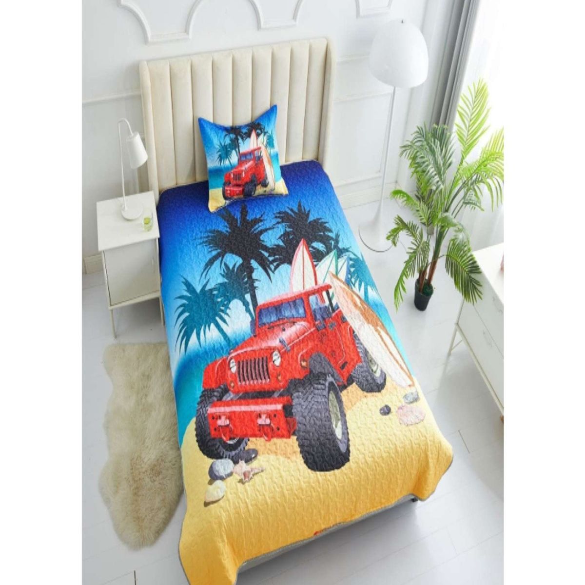 GENERICO - CUBRECAMA DE VERANO PLAZA Y MEDIA CON DISEÑO DE AUTO