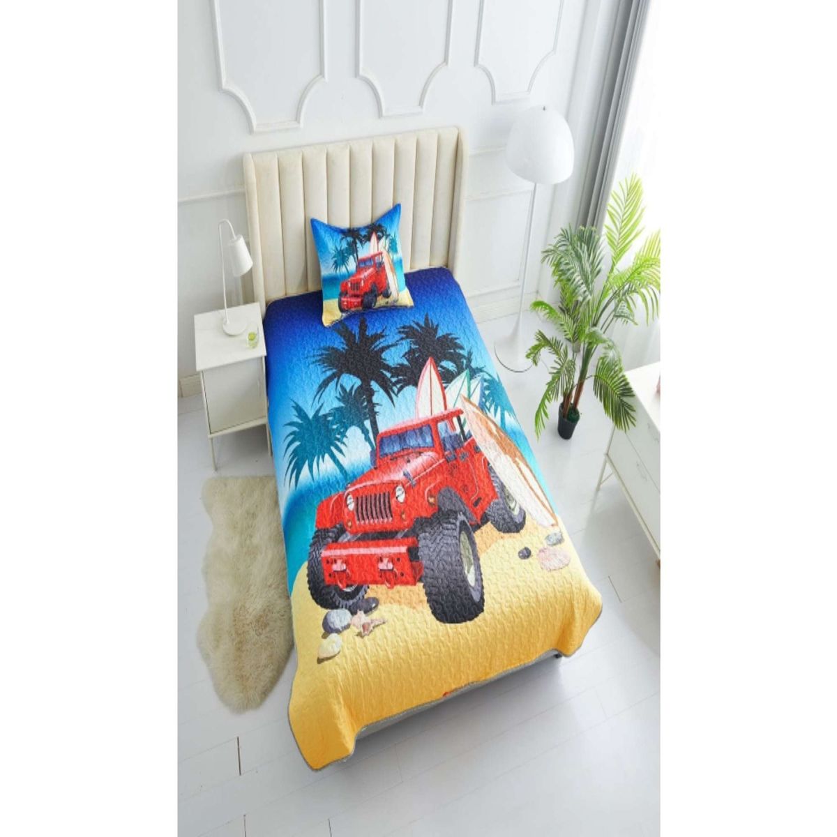 GENERICO - CUBRECAMA DE VERANO PLAZA Y MEDIA CON DISEÑO DE AUTO