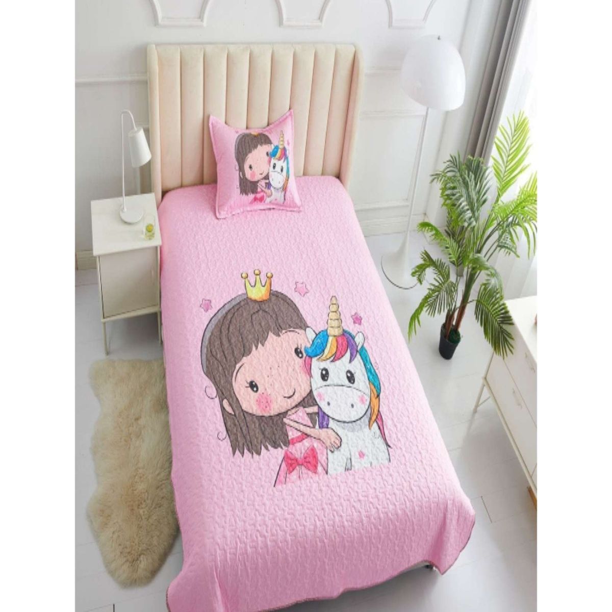 GENERICO - CUBRECAMA DE VERANO PLAZA Y MEDIA CON DISEÑO DE UNICORNIO