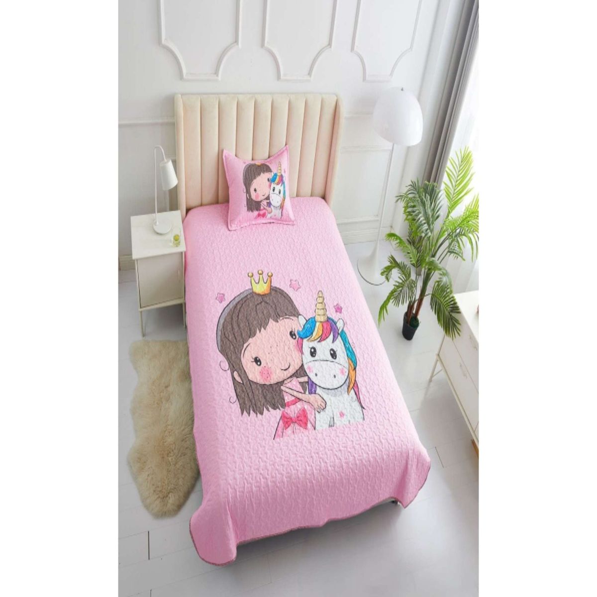 GENERICO - CUBRECAMA DE VERANO PLAZA Y MEDIA CON DISEÑO DE UNICORNIO