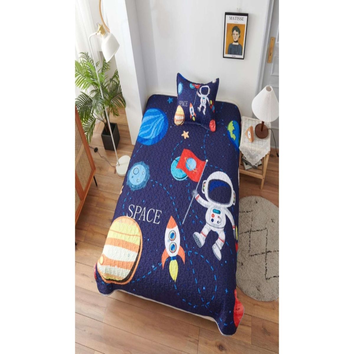 GENERICO - CUBRECAMA DE VERANO PLAZA Y MEDIA CON DISEÑO DE ASTRONAUTA