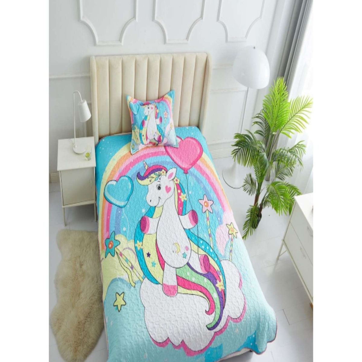 GENERICO - CUBRECAMA DE VERANO PLAZA Y MEDIA CON DISEÑO DE UNICORNIO