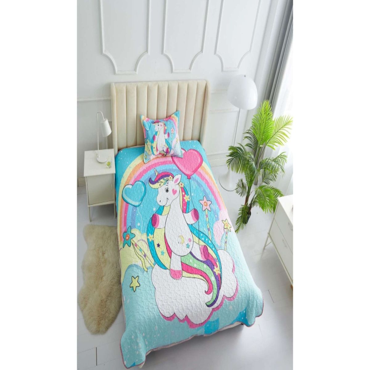 GENERICO - CUBRECAMA DE VERANO PLAZA Y MEDIA CON DISEÑO DE UNICORNIO