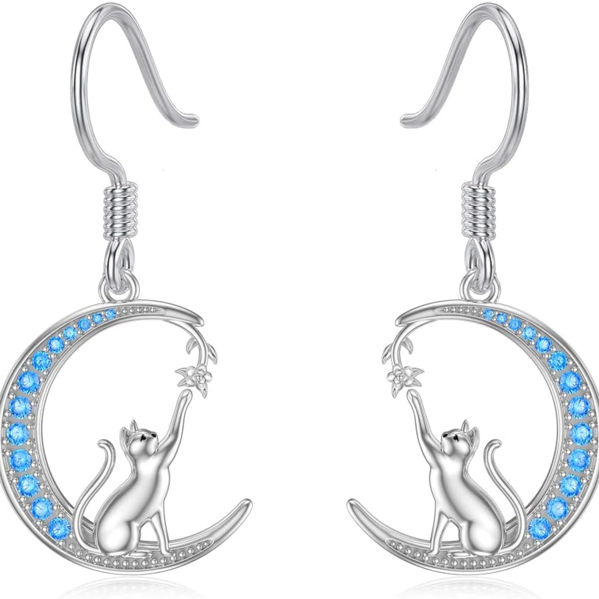 GENERICO - Aros pendiente gato luna azul plata 925 joya juvenil mujer