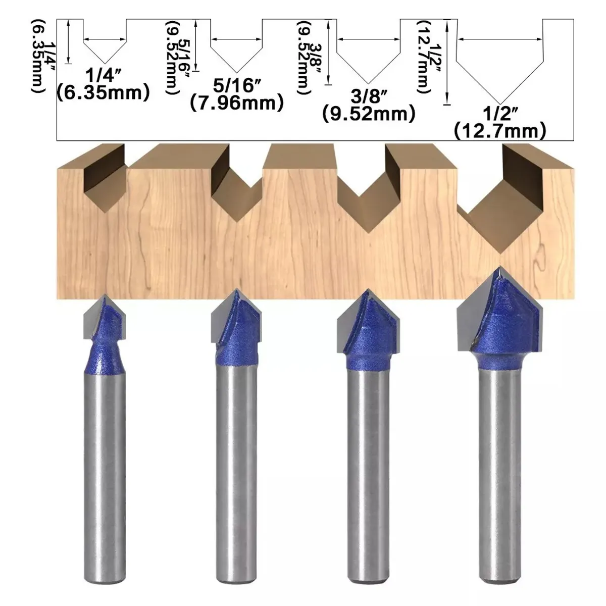 GENERICO - Fresa Ranura V 4un Vástago ¼  Diferentes Medidas