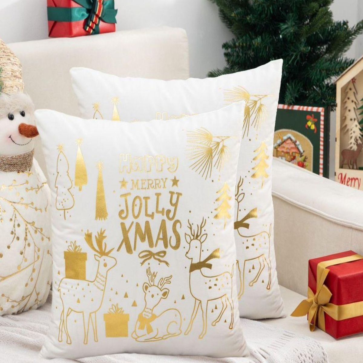 GENERICO - Pack 4 Funda Cojín navidad detalles dorado 45x45cm 15nc5