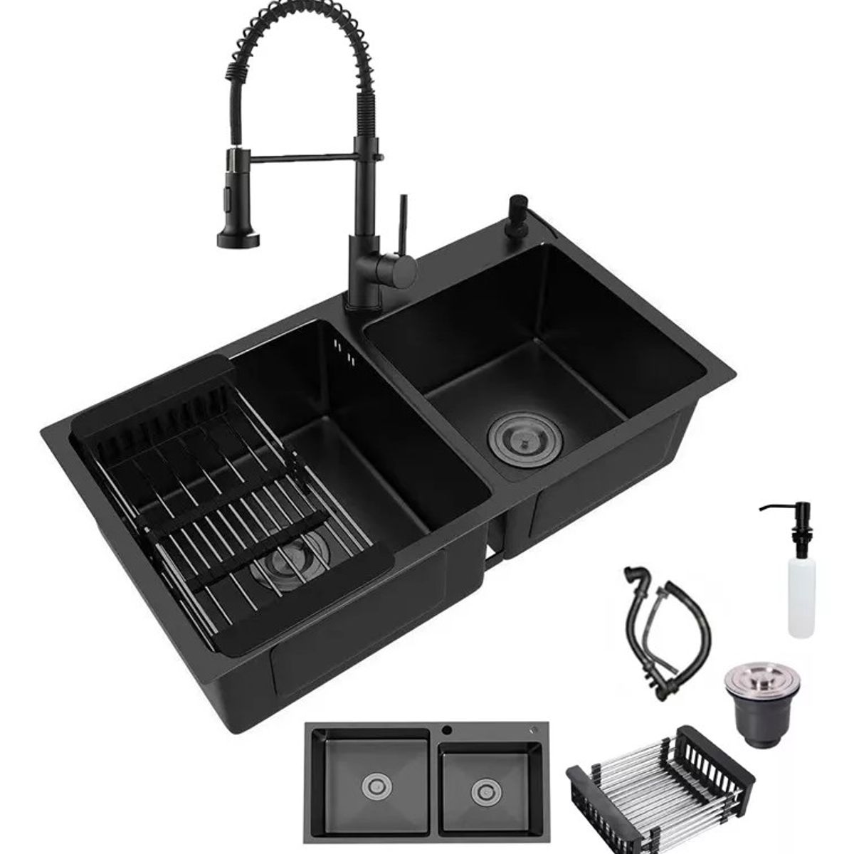 KUANGYE - Lavaplatos Doble Inoxidable Negro 78x43cm+ Llave+ Accesorios