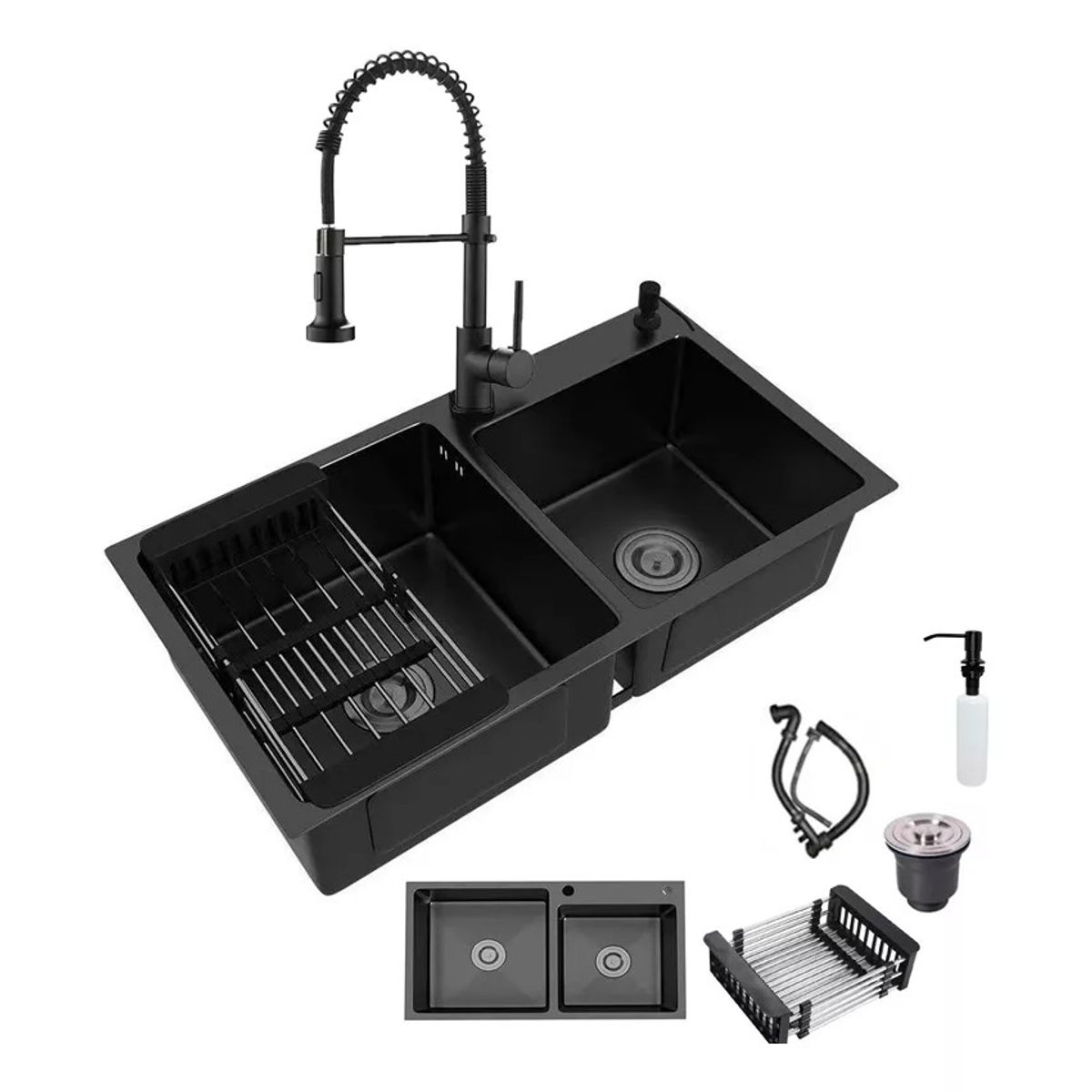 KUANGYE - Lavaplatos Doble Inoxidable Negro 78x43cm+ Llave+ Accesorios