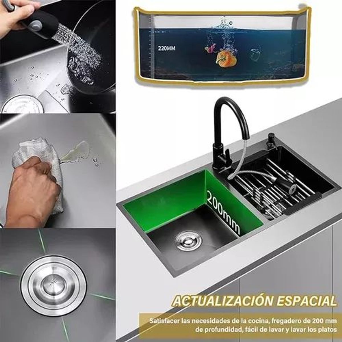 KUANGYE - Lavaplatos Doble Inoxidable Negro 78x43cm+ Llave+ Accesorios
