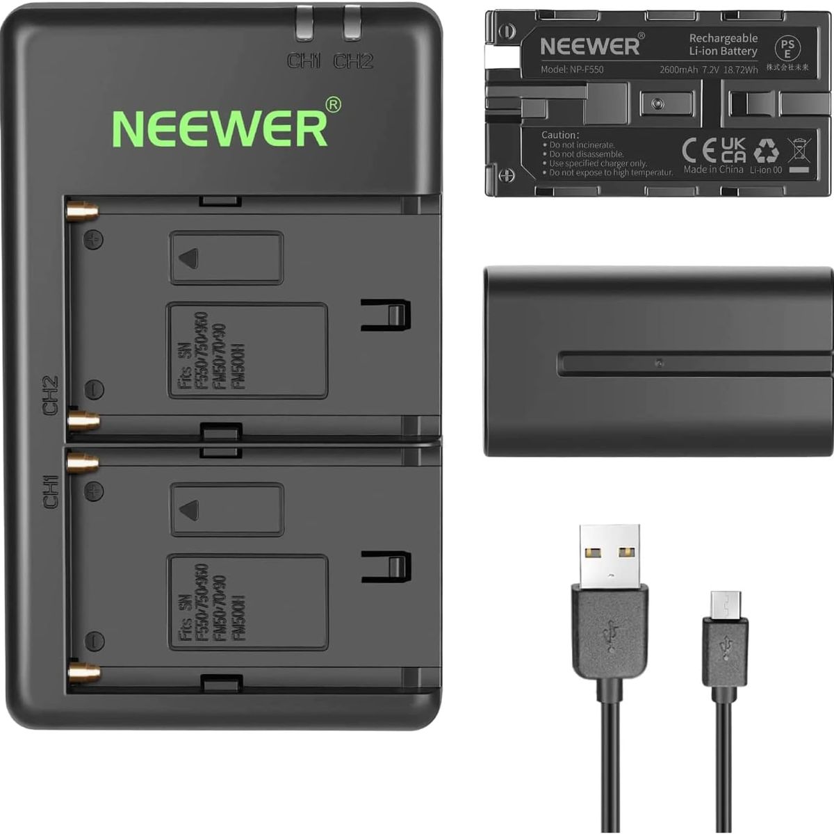 NEEWER - Np-f550 2x Batería Y Cargador P/ 660 480 176 160 Led Luz F100 Monitor