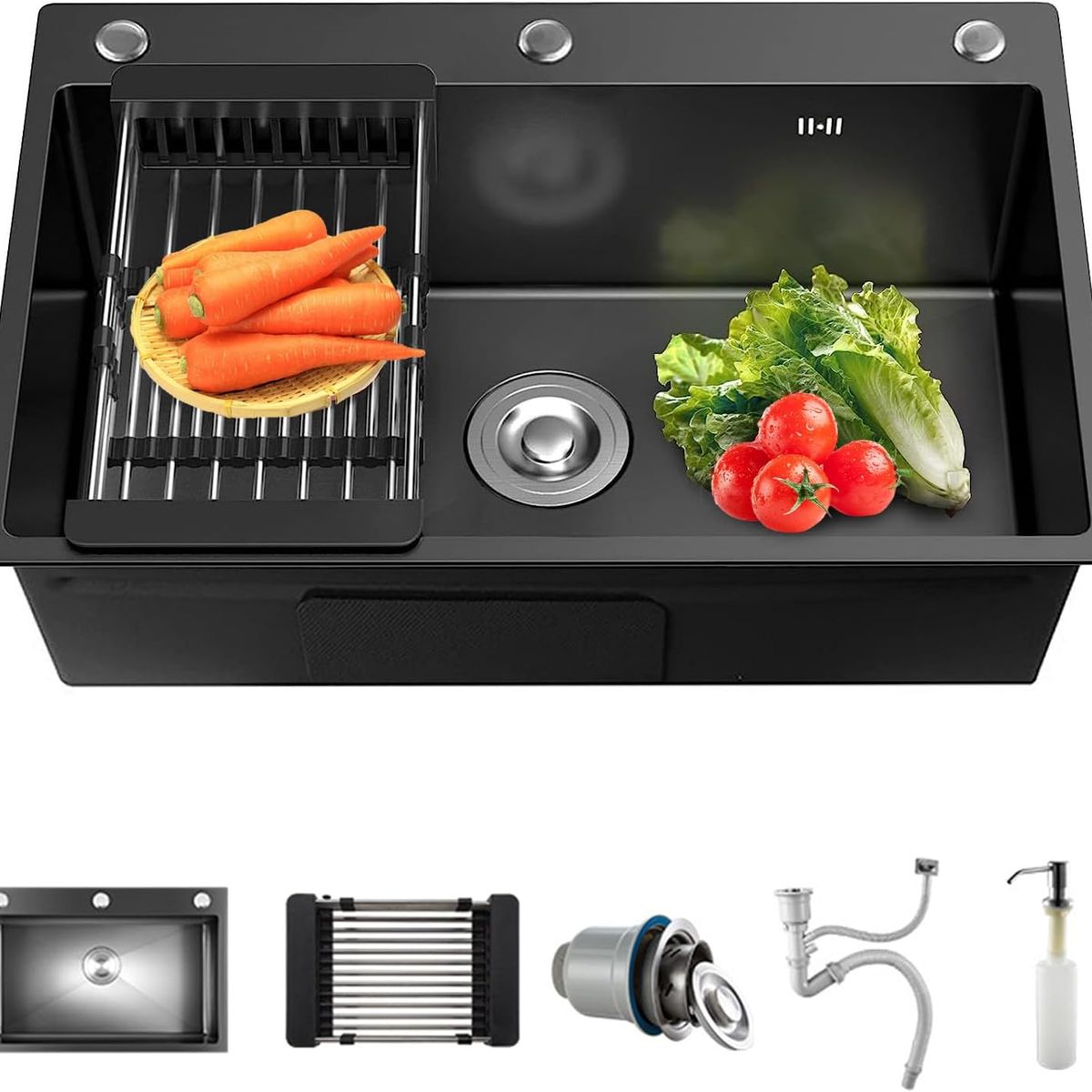 KUANGYE - Lavaplatos 75x45 Negro Acero Inoxidable Con rejilla y dispensador