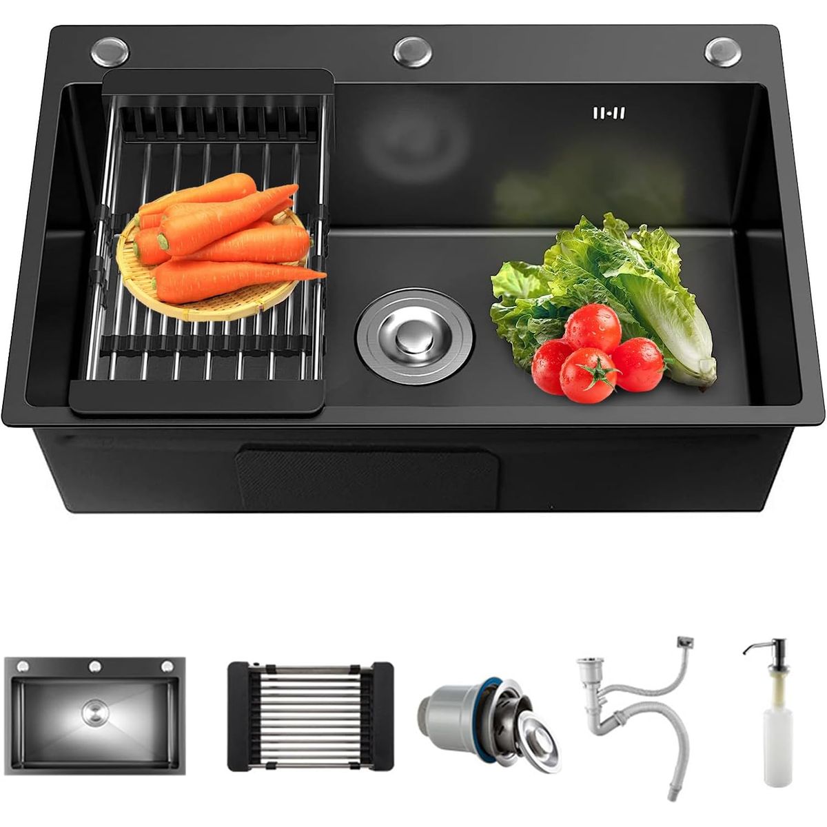 KUANGYE - Lavaplatos 75x45 Negro Acero Inoxidable Con rejilla y dispensador