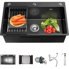 KUANGYE - Lavaplatos 75x45 Negro Acero Inoxidable Con rejilla y dispensador