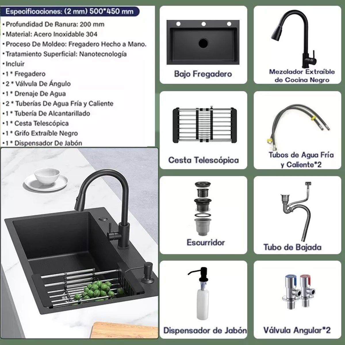 KUANGYE - Combo Lavaplatos Empotrable 50x45cm 304 Acero + Accesorios…
